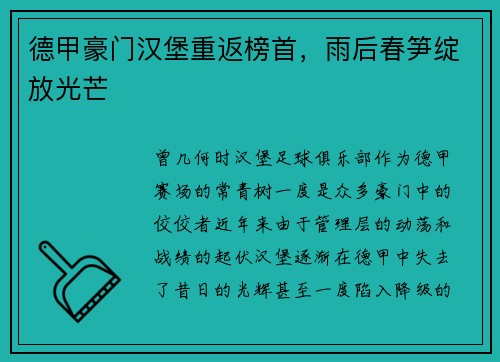德甲豪门汉堡重返榜首，雨后春笋绽放光芒